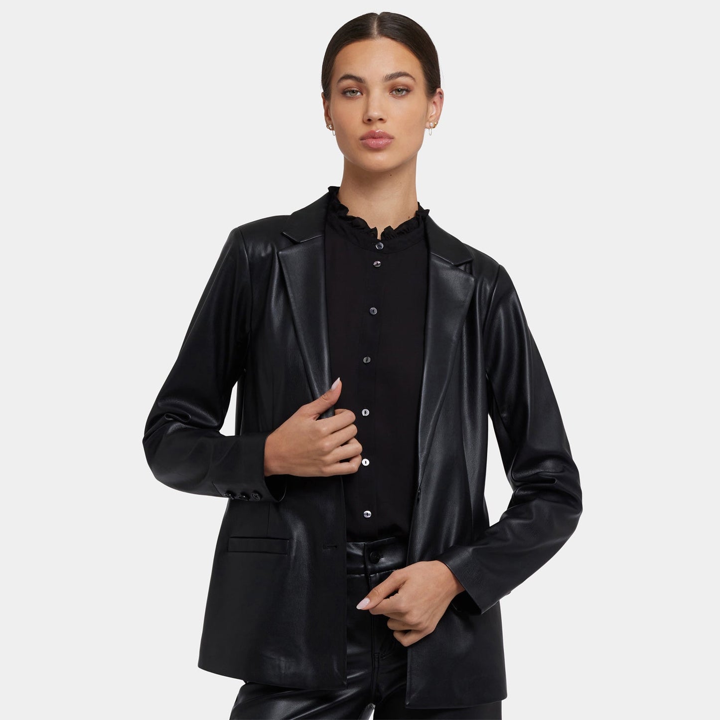 Vegan Stretch Leather Classic Blazer Jacket - Black