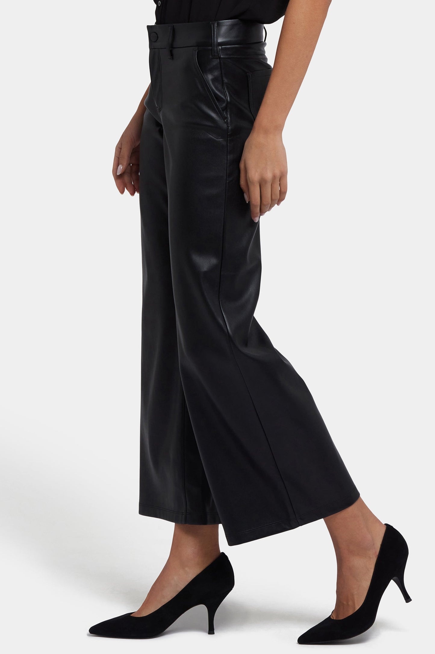 Vegan Stretch Leather Wide Leg Trouser Pants - Black