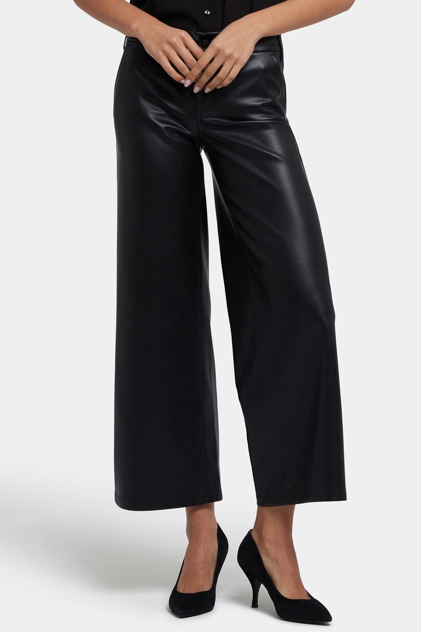 Vegan Stretch Leather Wide Leg Trouser Pants - Black