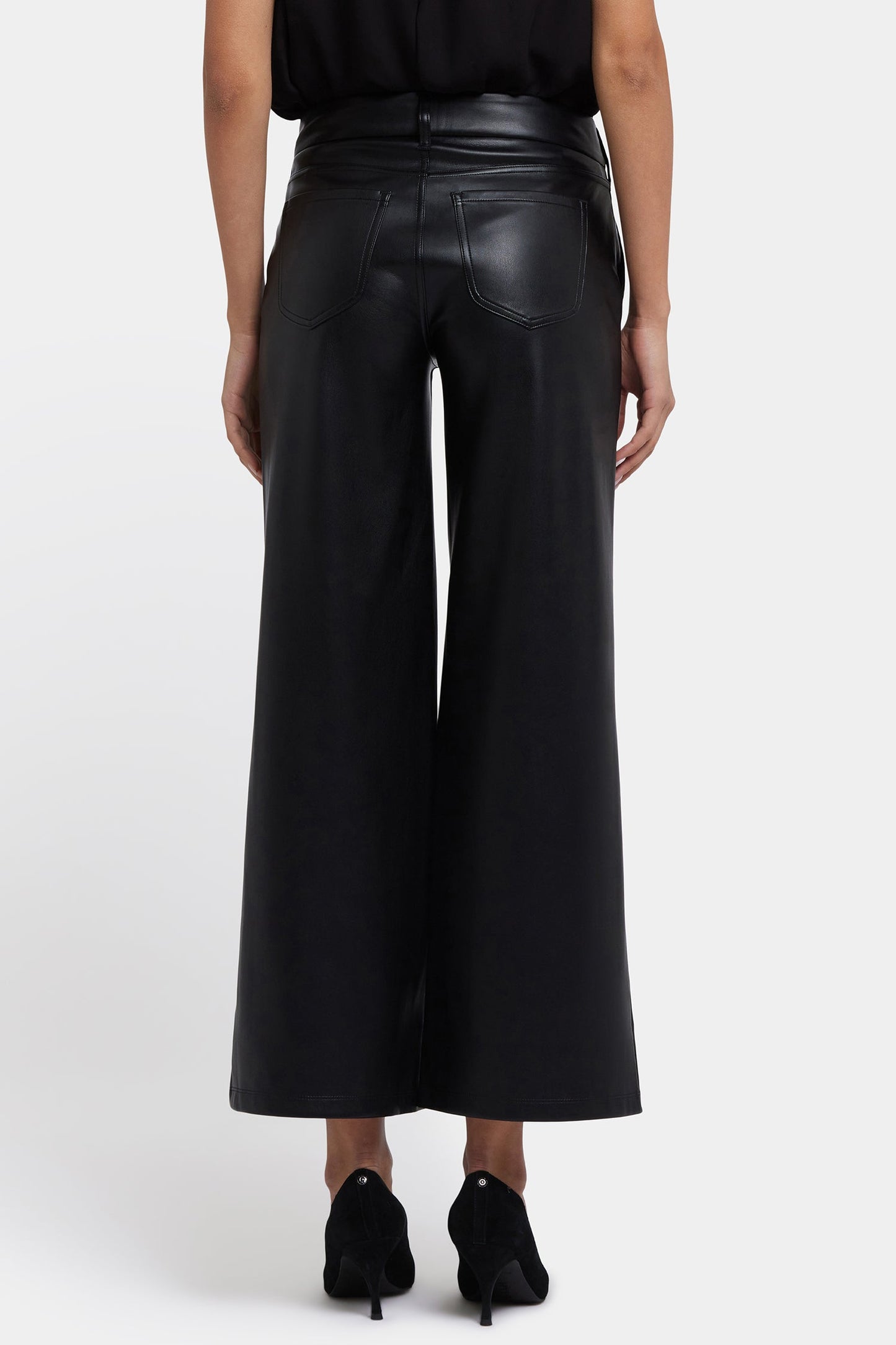 Vegan Stretch Leather Wide Leg Trouser Pants - Black