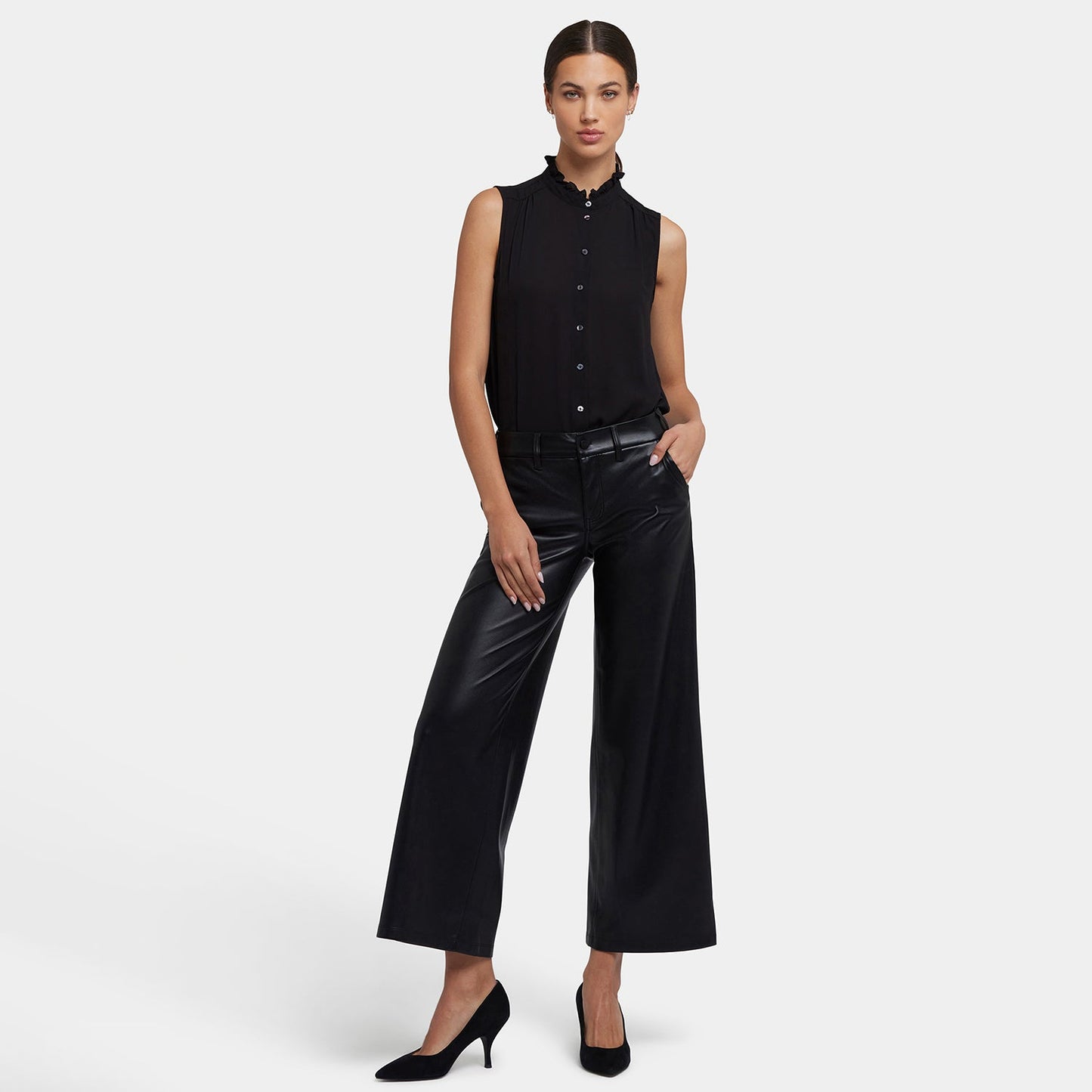 Vegan Stretch Leather Wide Leg Trouser Pants - Black