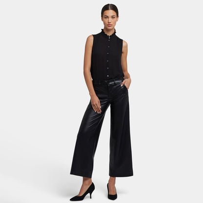 Vegan Stretch Leather Wide Leg Trouser Pants - Black