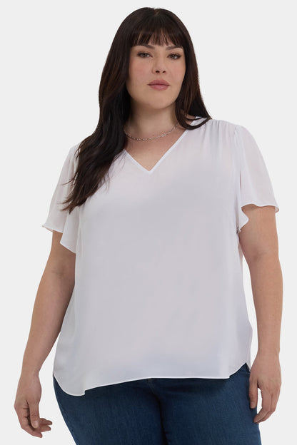 Pleated Flutter Sleeved Blouse In Plus Size - Optic White