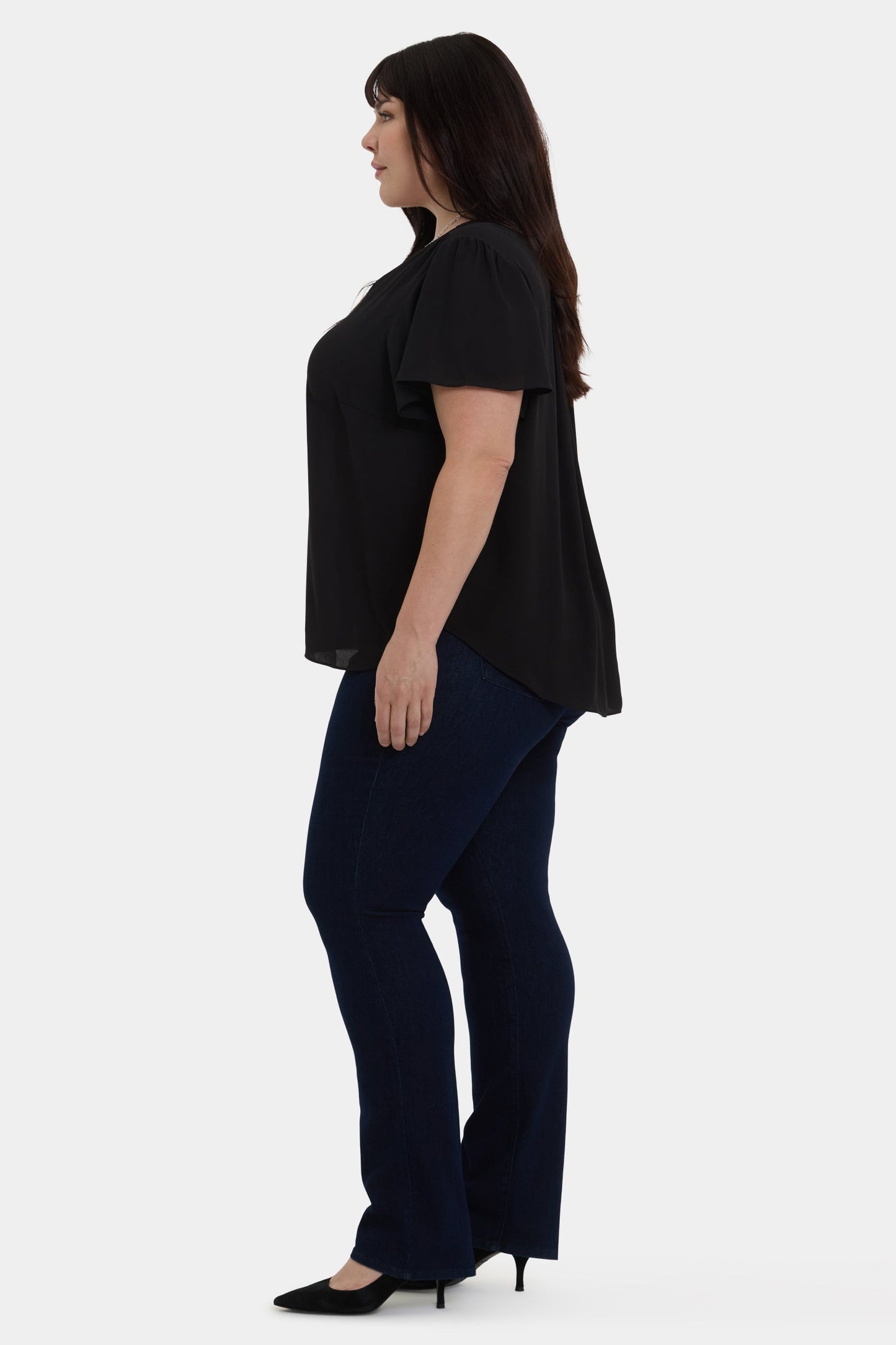 Pleated Flutter Sleeved Blouse In Plus Size - Black