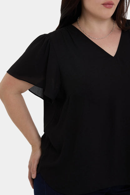Pleated Flutter Sleeved Blouse In Plus Size - Black